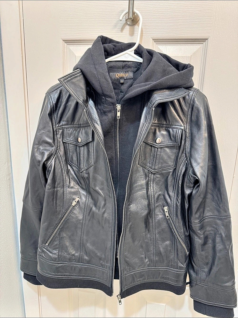 Quince 100% Leather Jacket with Hood in Black